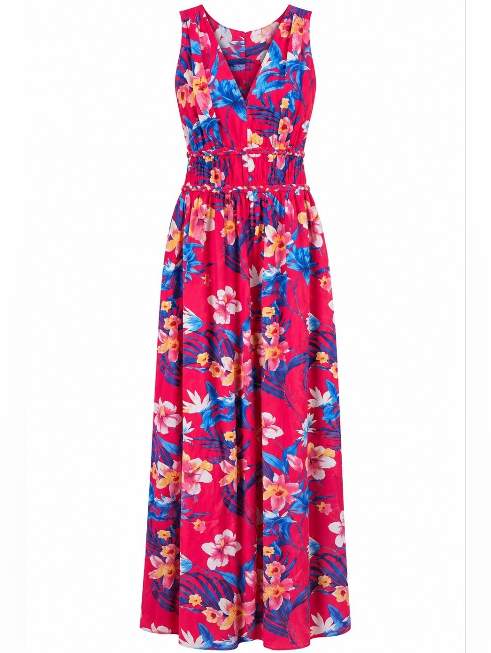 JAPNA | Red Tropical Floral Racerback Smocked Boho Rayon Maxi Dress | M